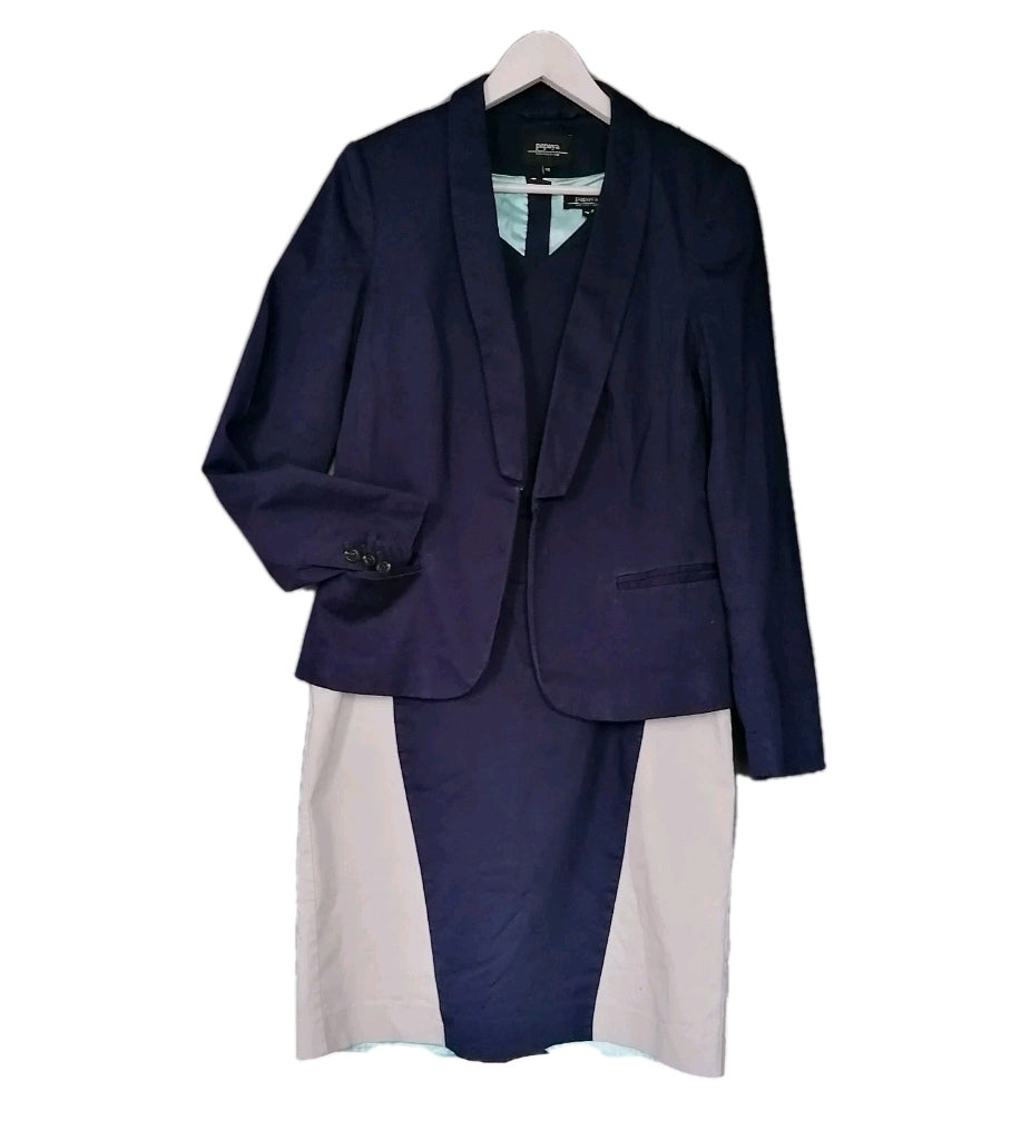 Ladies navy/beige 2 piece dress & blazer suit UK 14