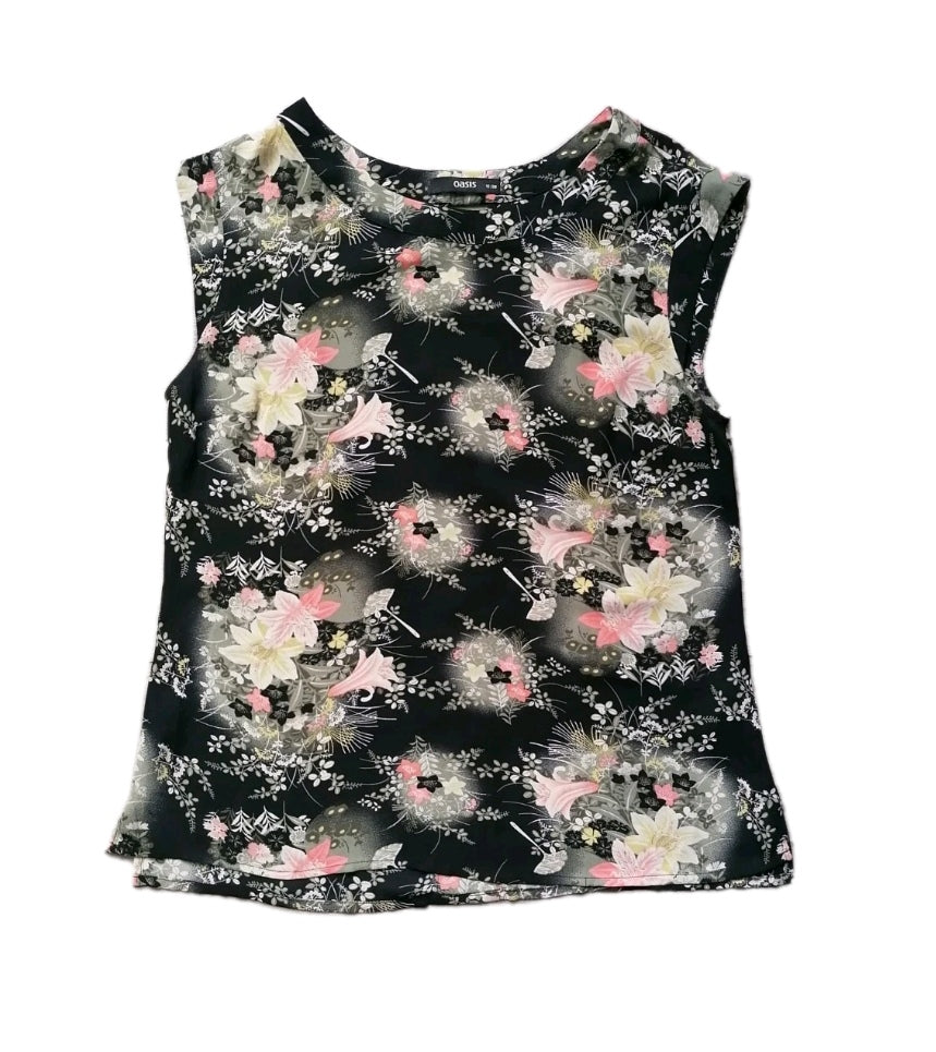 Ladies Oasis black mix lightweight short sleeve summer blouse UK 12