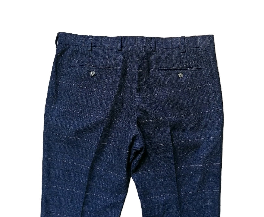 Men Moss Bros navy check tailored fit formal trouser W38 L31