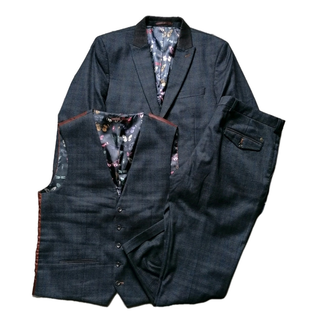 Men Next grey check slim fit 3 piece suit 44S/38S/44R