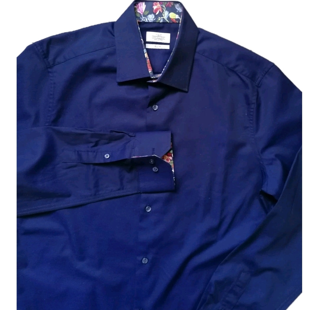 Men Next navy blue slim fit long sleeve formal shirt 15.5"