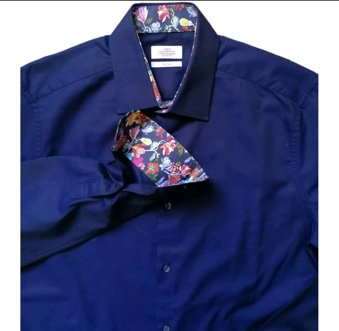 Men Next navy blue slim fit long sleeve formal shirt 15.5"
