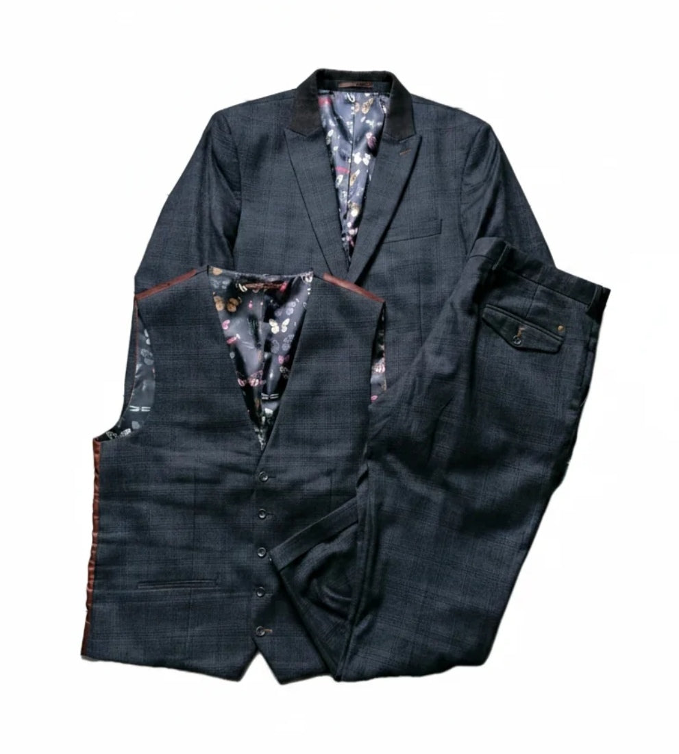 Men Next grey check slim fit 3 piece suit 44S/38S/44R