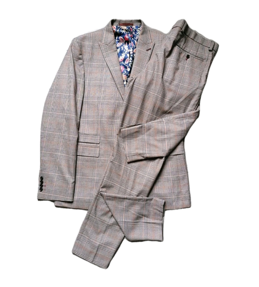 Men Next beige check tapered slim 2 piece suit 42L/36L