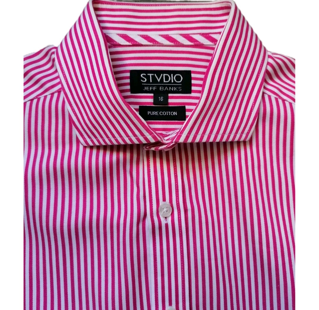 Men white/pink striped long sleeve formal slim fit shirt 16"