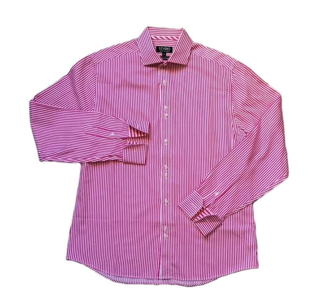 Men white/pink striped long sleeve formal slim fit shirt 16"