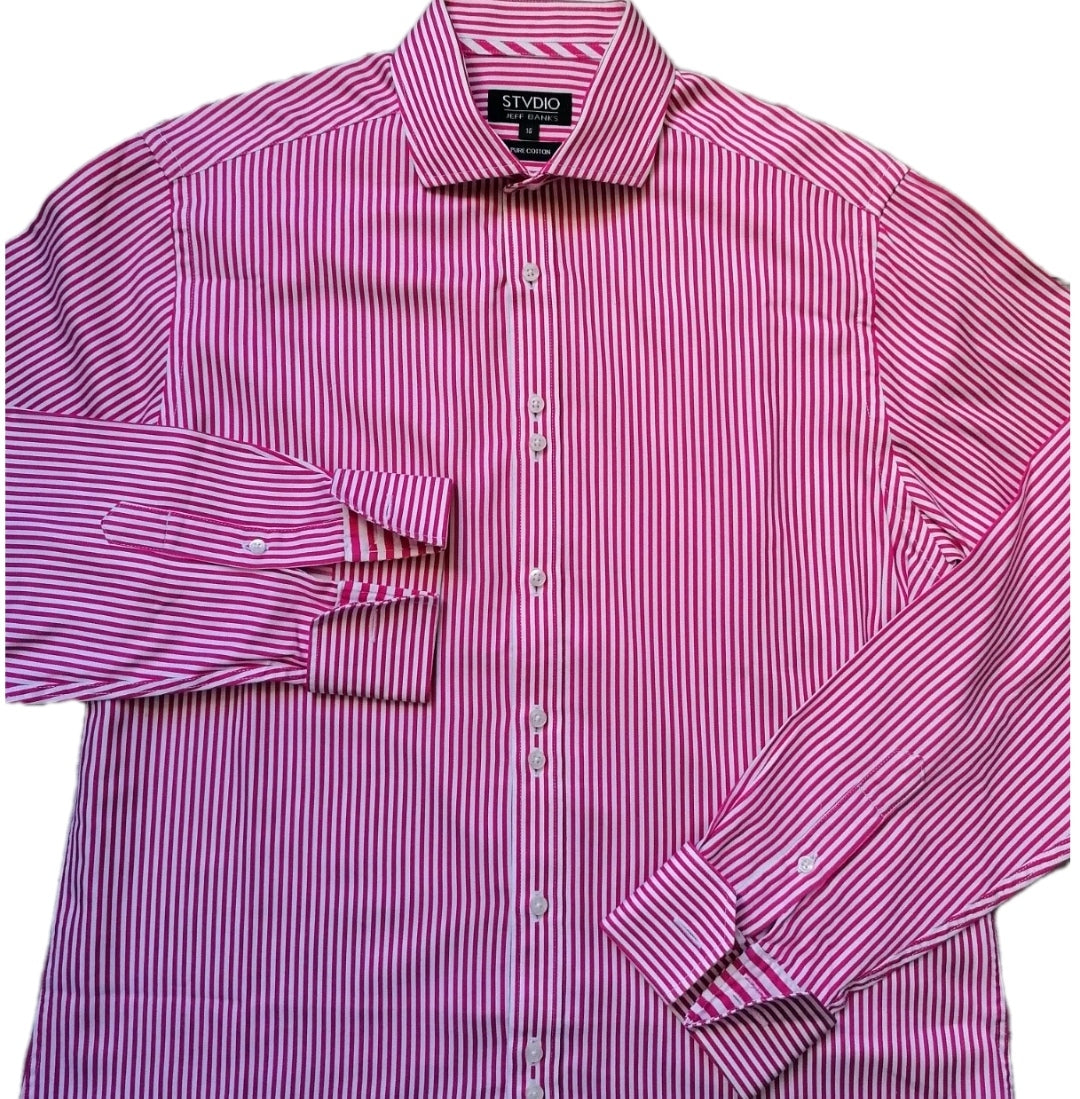 Men white/pink striped long sleeve formal slim fit shirt 16"