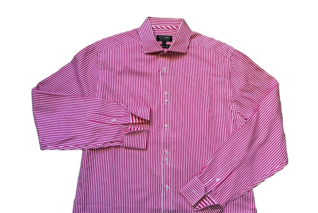 Men white/pink striped long sleeve formal slim fit shirt 16"