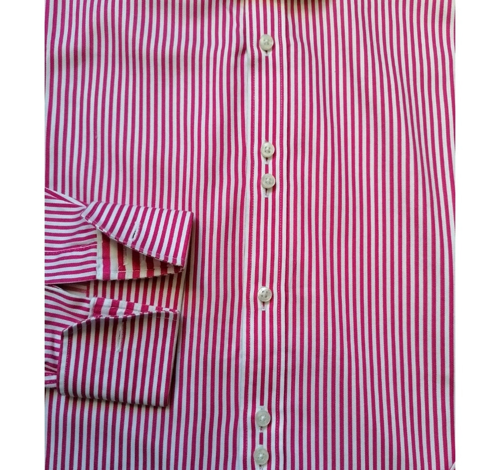 Men white/pink striped long sleeve formal slim fit shirt 16"
