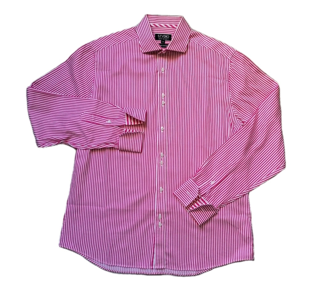 Men white/pink striped long sleeve formal slim fit shirt 16"