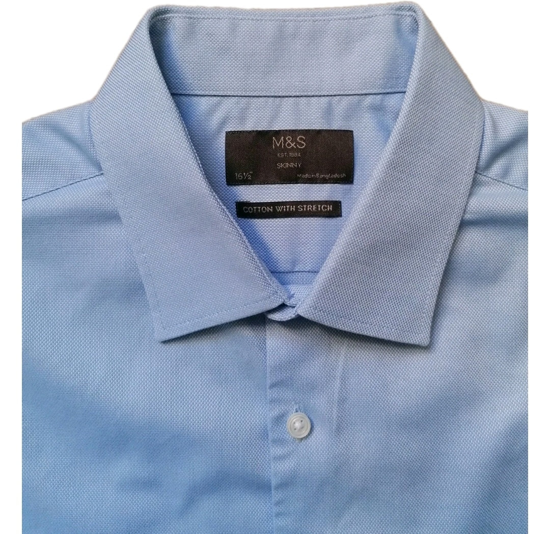 Men M&S sky blue formal long sleeve skinny fit shirt 16.5"