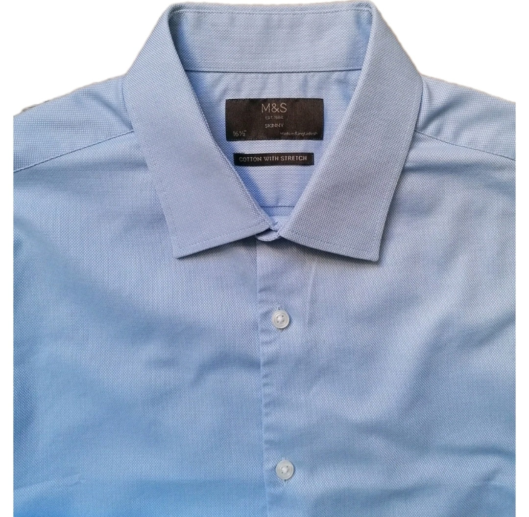 Men M&S sky blue formal long sleeve skinny fit shirt 16.5"