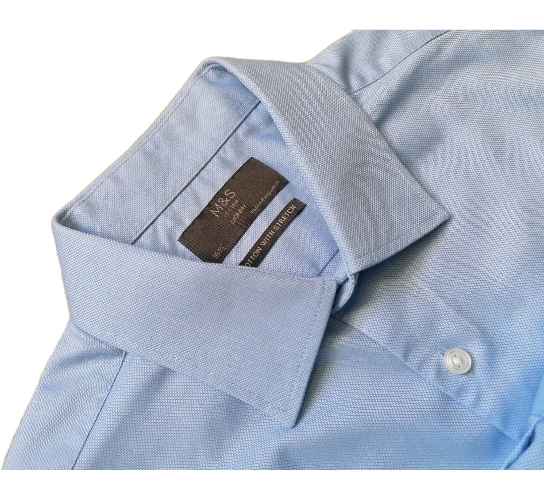 Men M&S sky blue formal long sleeve skinny fit shirt 16.5"