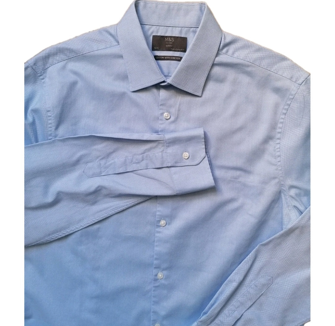 Men M&S sky blue formal long sleeve skinny fit shirt 16.5"