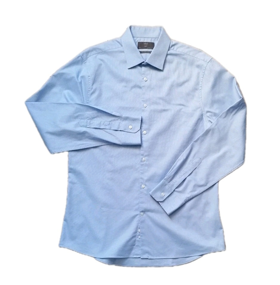 Men M&S sky blue formal long sleeve skinny fit shirt 16.5"