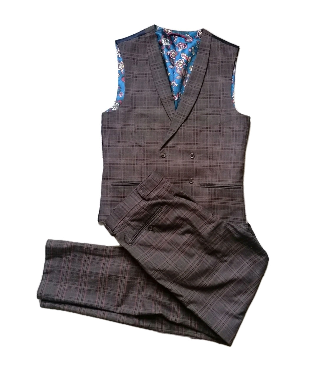 Men Next brown check waistcoat and trouser 38R/32L