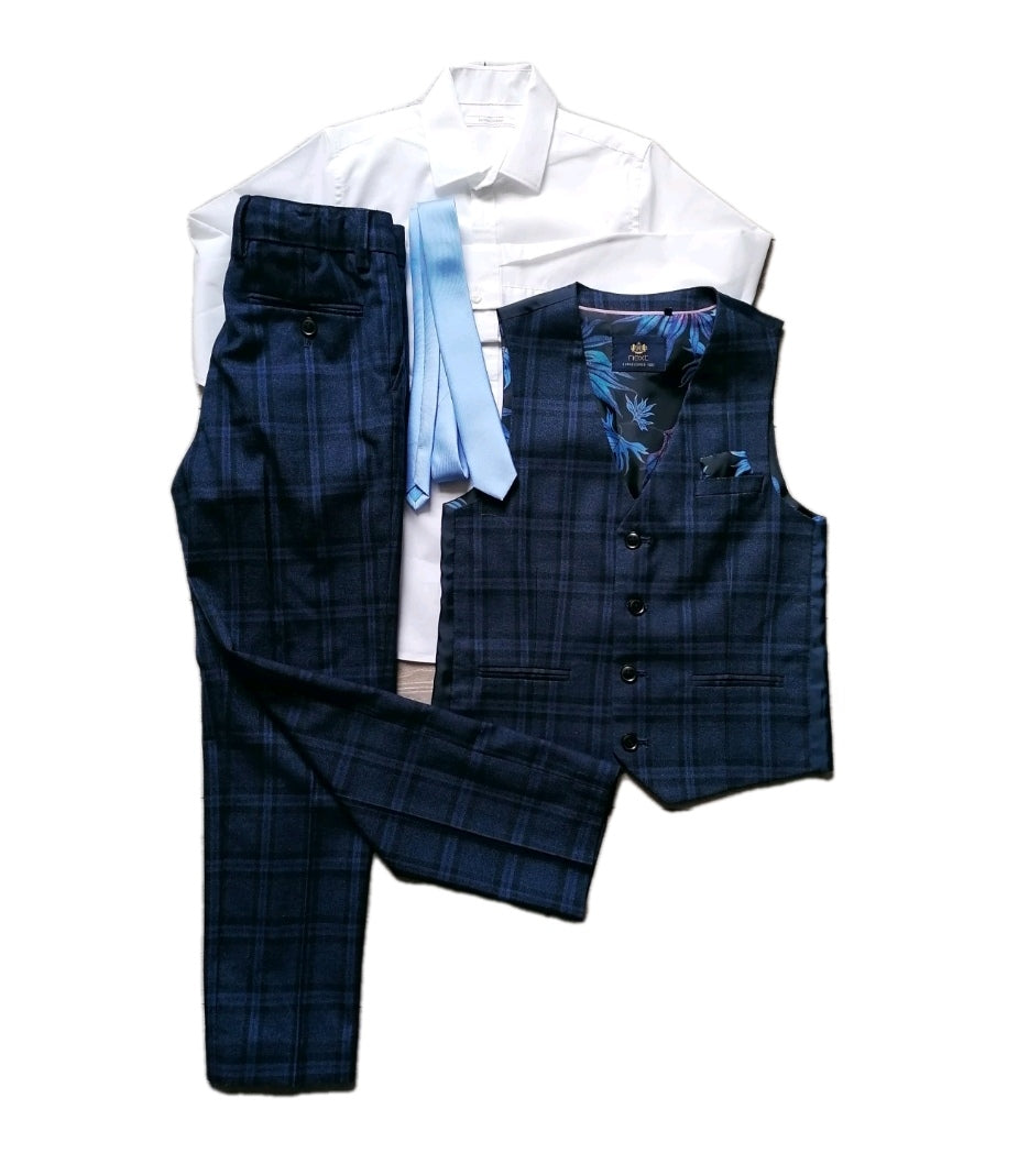 Boys Next navy blue check 4 piece suit 8-9 years