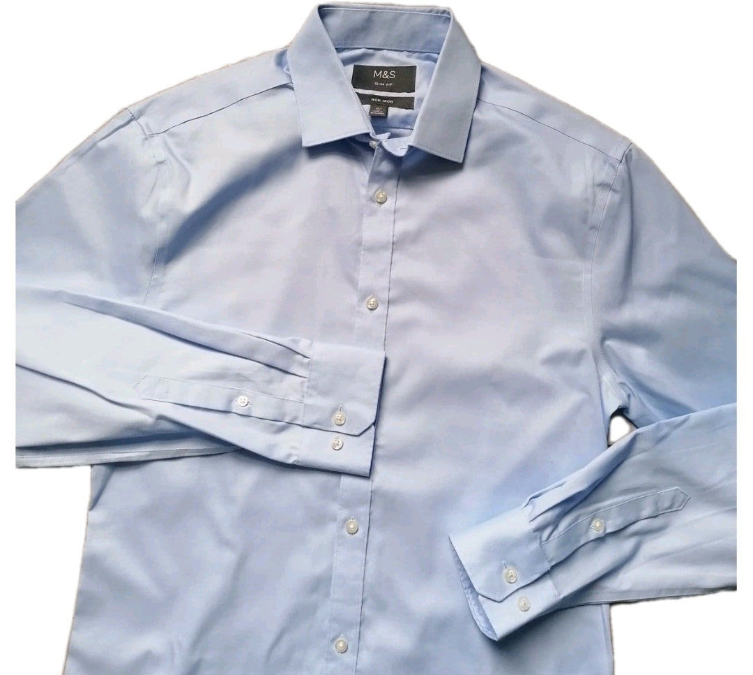 Men M&S blue slim fit long sleeve formal shirt 15"