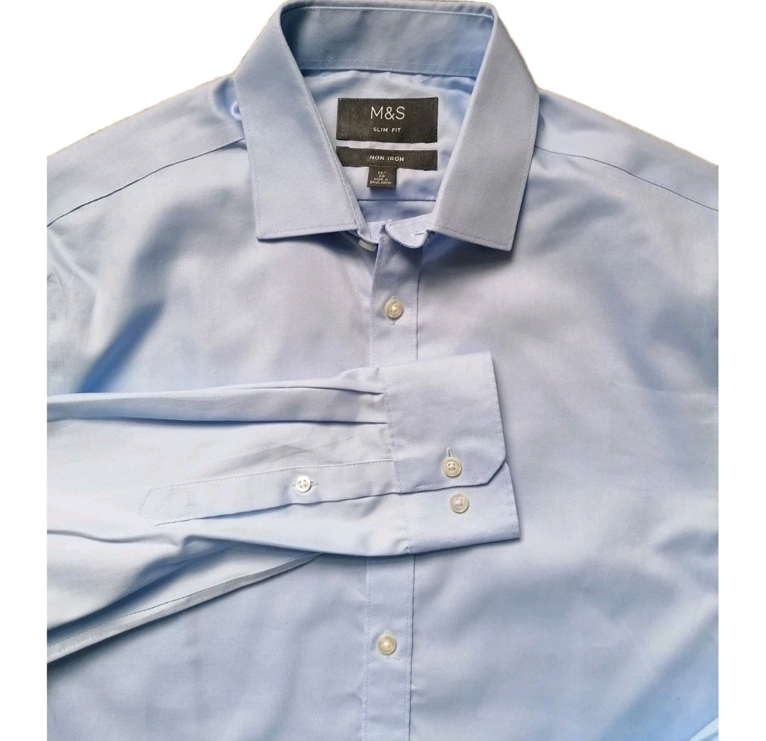 Men M&S blue slim fit long sleeve formal shirt 15"