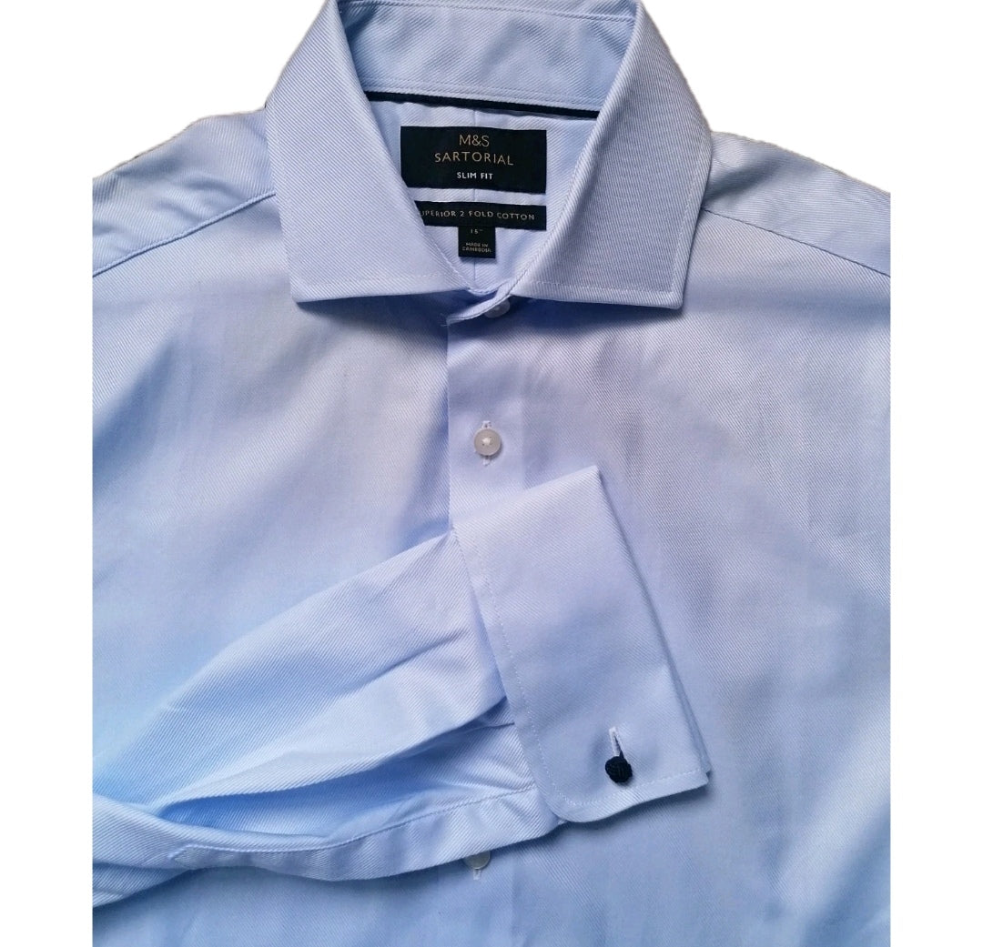 Men M&S blue formal long sleeve slim fit shirt 15"