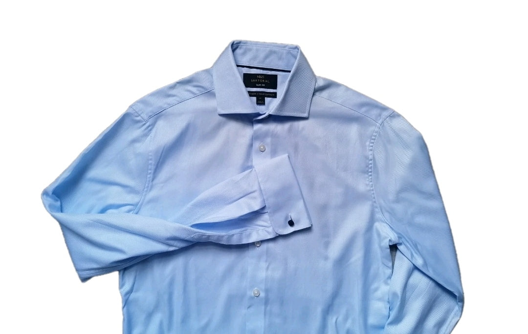 Men M&S blue formal long sleeve slim fit shirt 15"