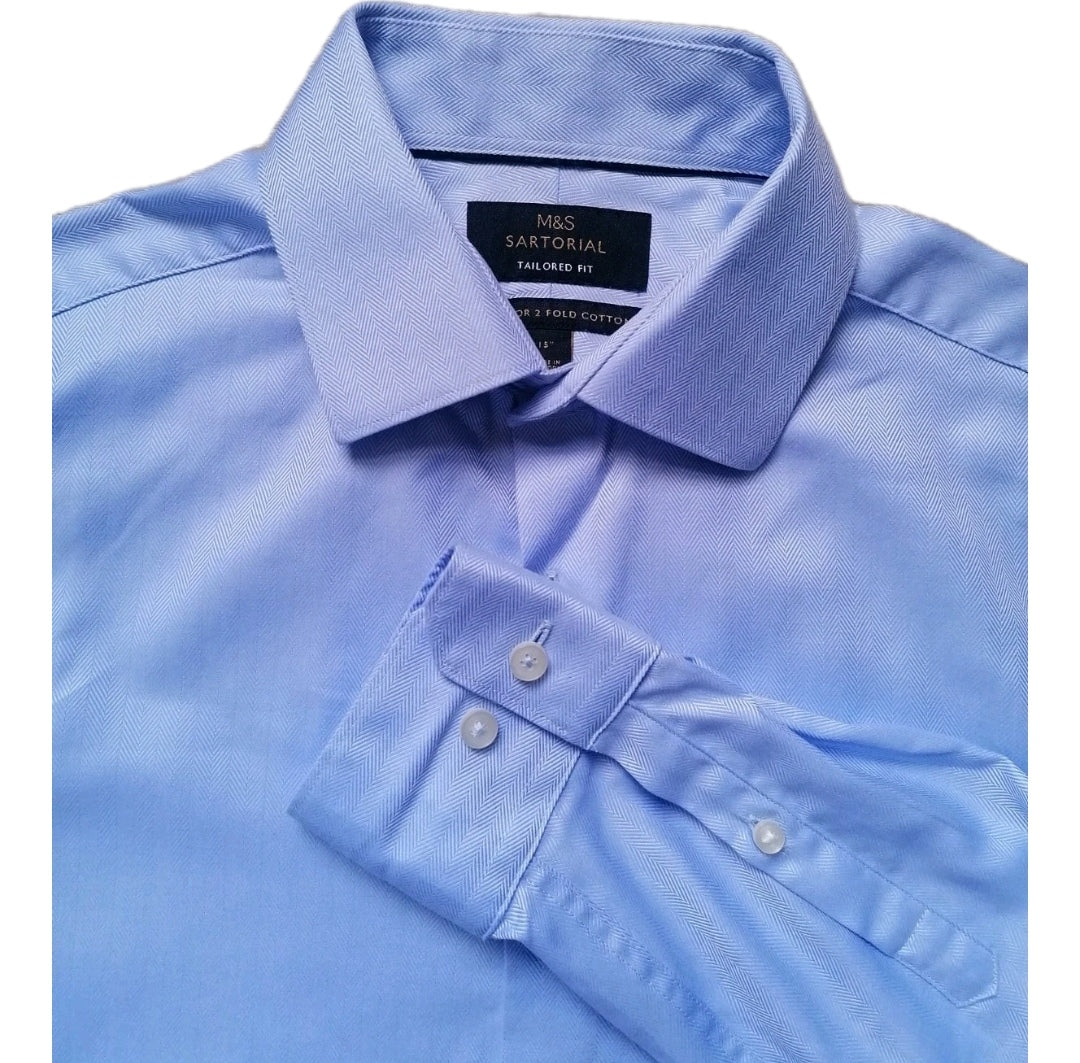 Men M&S blue formal long sleeve slim fit shirt 15"