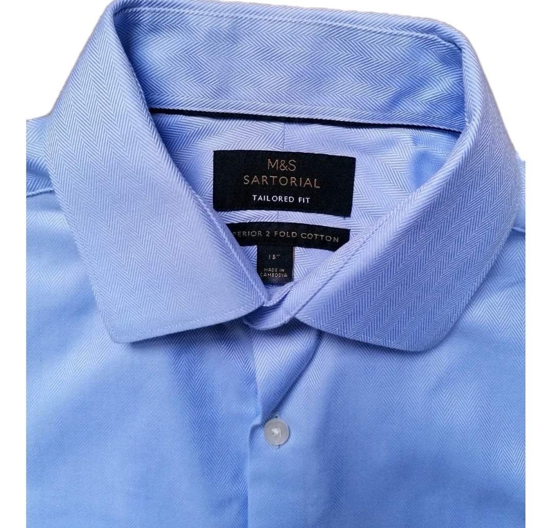 Men M&S blue formal long sleeve slim fit shirt 15"
