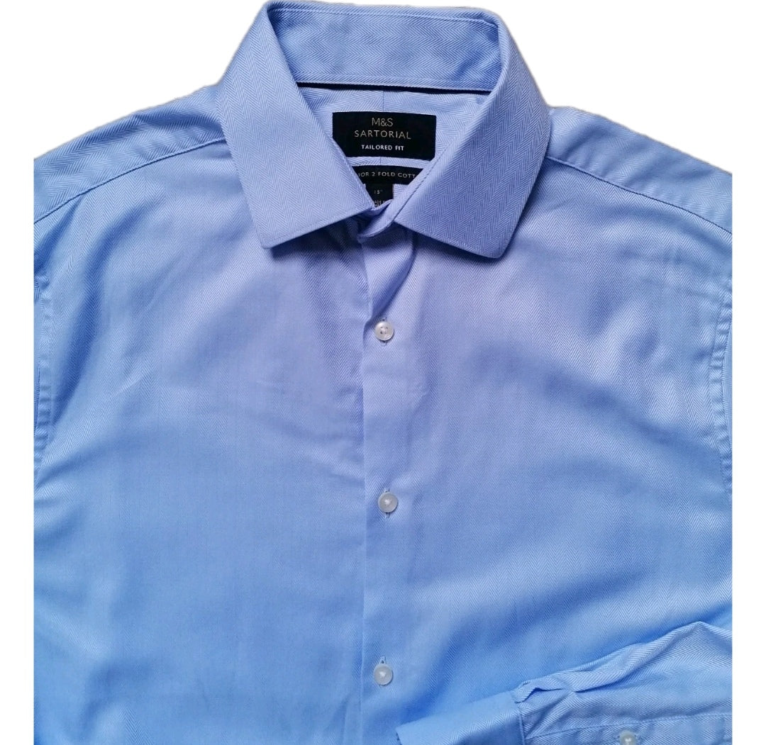 Men M&S blue formal long sleeve slim fit shirt 15"