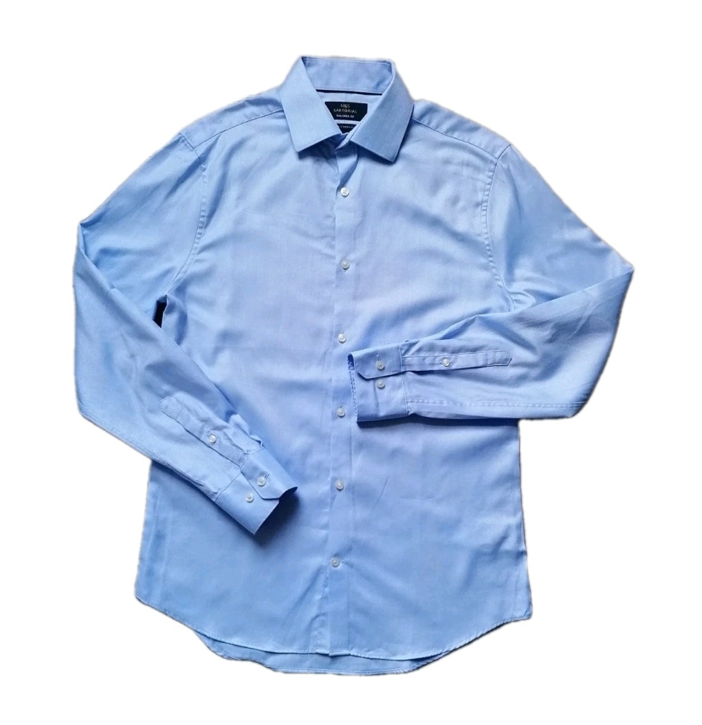 Men M&S blue formal long sleeve slim fit shirt 15"