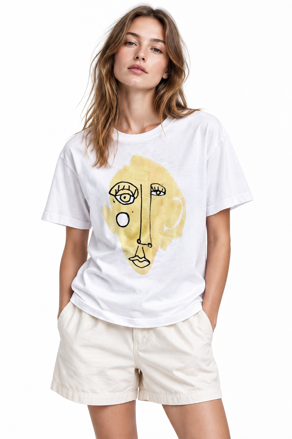 Abstract face graphic t-shirt on model