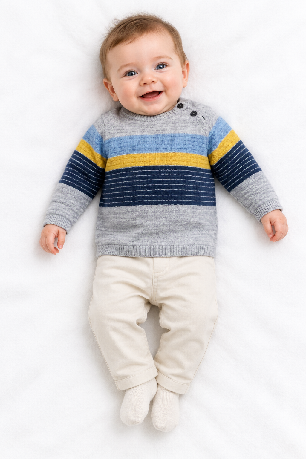 AI-assisted baby model wearing the grey, blue, yellow and navy striped jumper