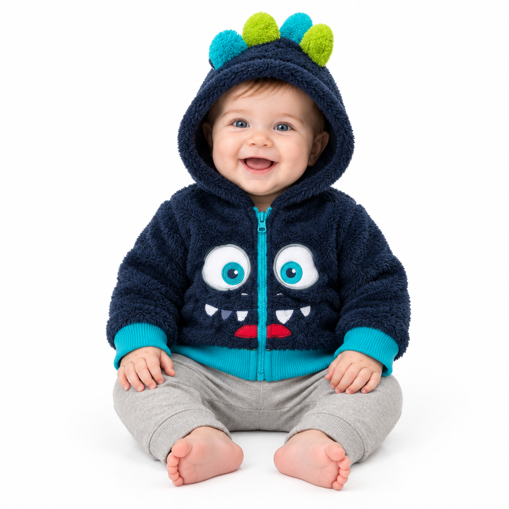 AI-assisted baby model wearing the monster fleece hoodie