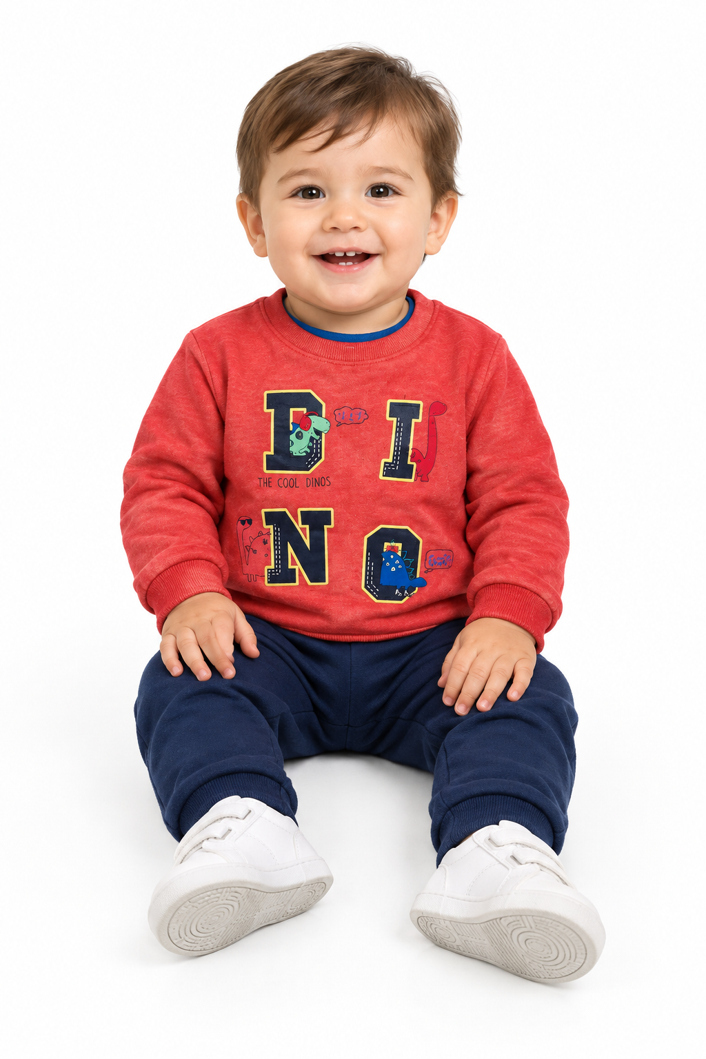 AI-assisted baby model wearing the red dinosaur sweatshirt