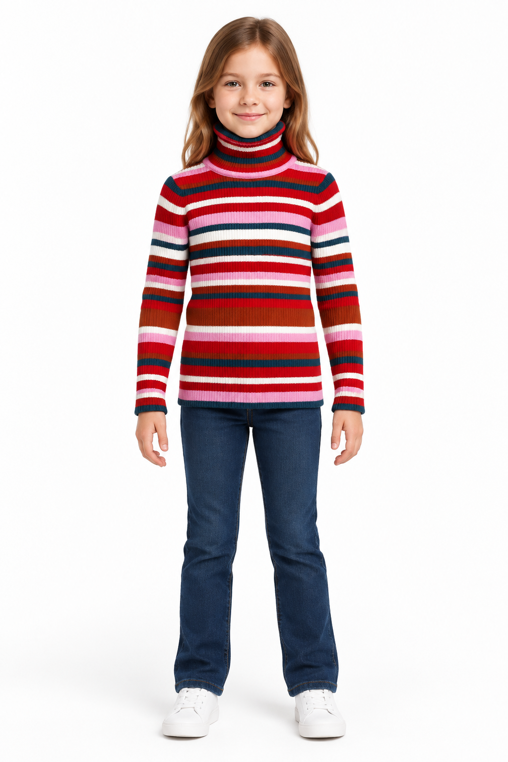 AI-assisted child model wearing the multicoloured striped turtleneck jumper