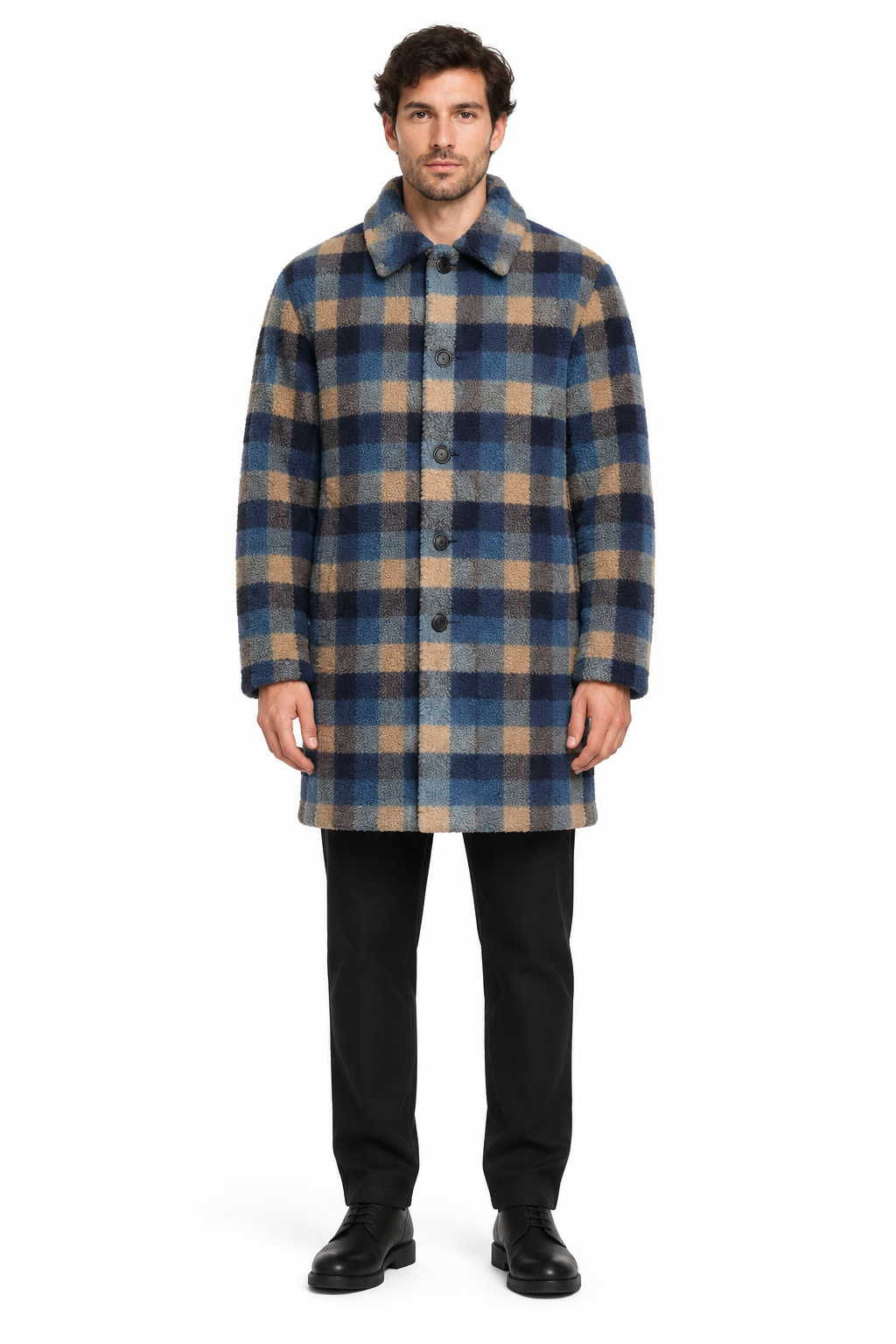 AI-assisted model wearing the ASOS checked fleece coat