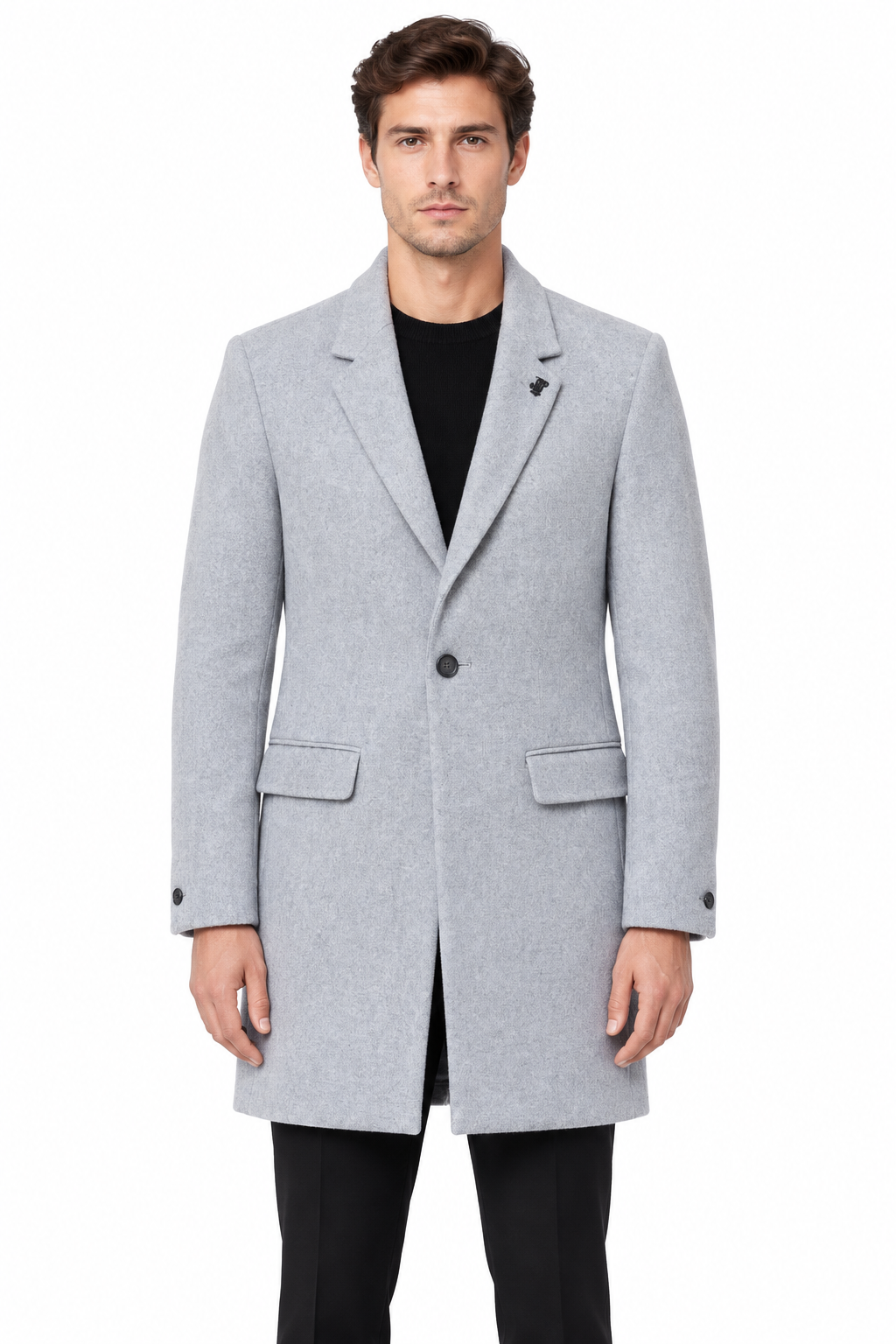 AI-assisted model wearing the grey Burton overcoat