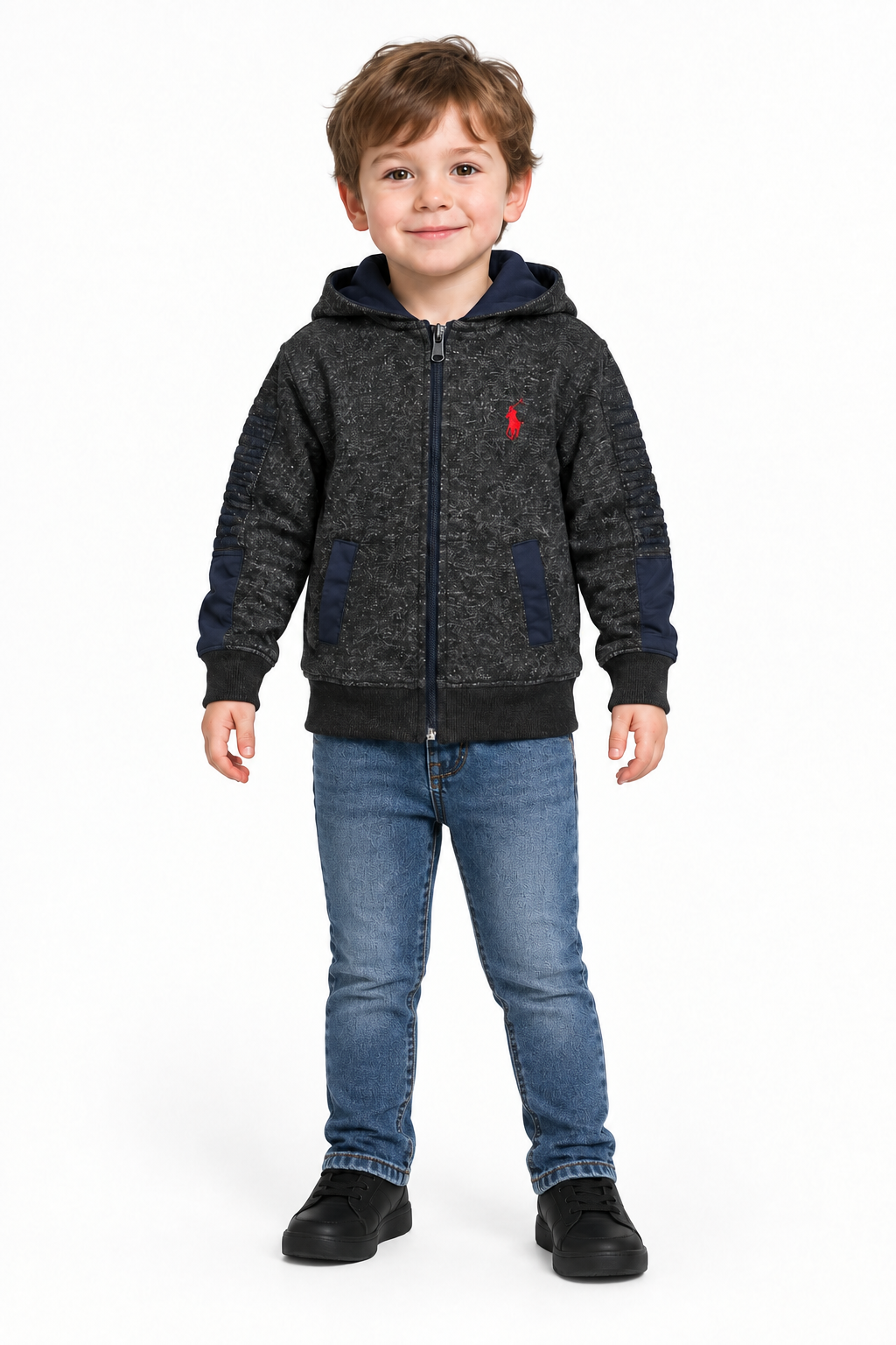 AI-assisted model wearing the grey hoodie with washed-blue skinny jeans