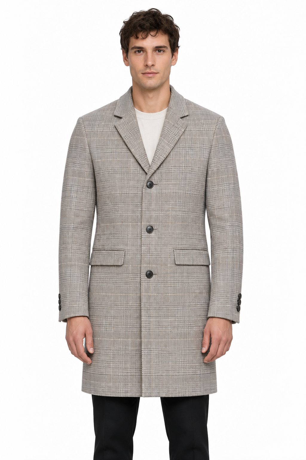 AI-assisted model wearing the H&M beige checked overcoat