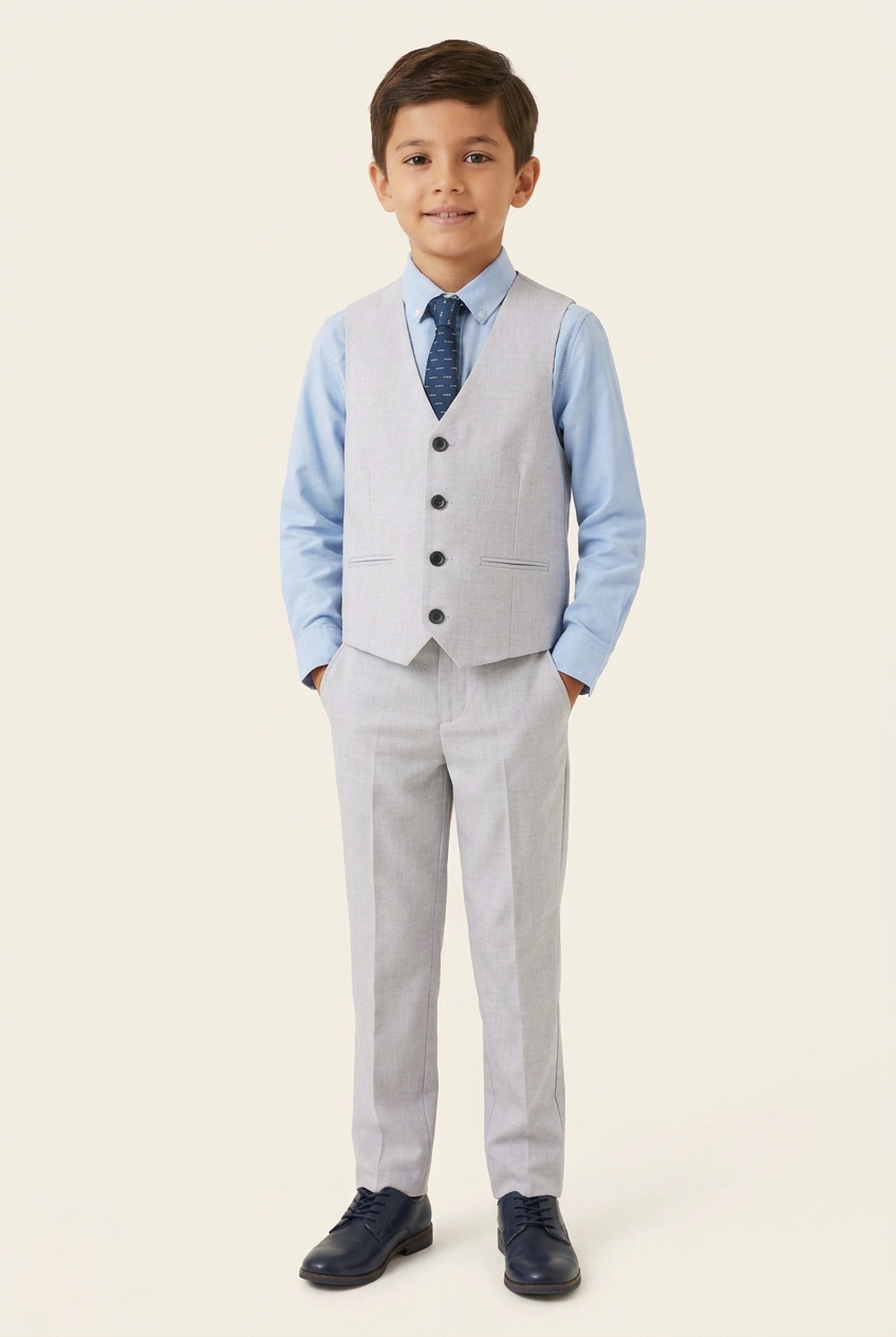 AI-assisted model wearing the outfit with hands in trouser pockets