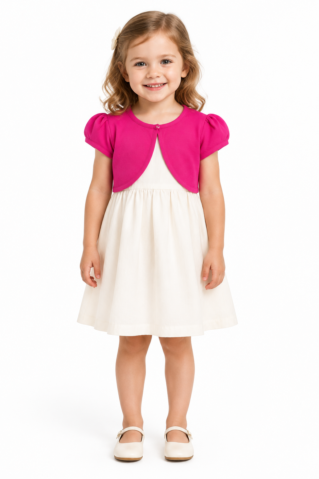 AI-assisted model wearing the pink bolero over an ivory dress
