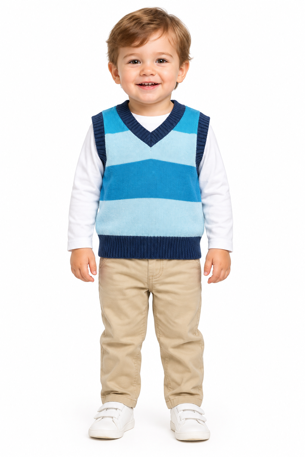 AI-assisted toddler model wearing the blue-striped sleeveless jumper