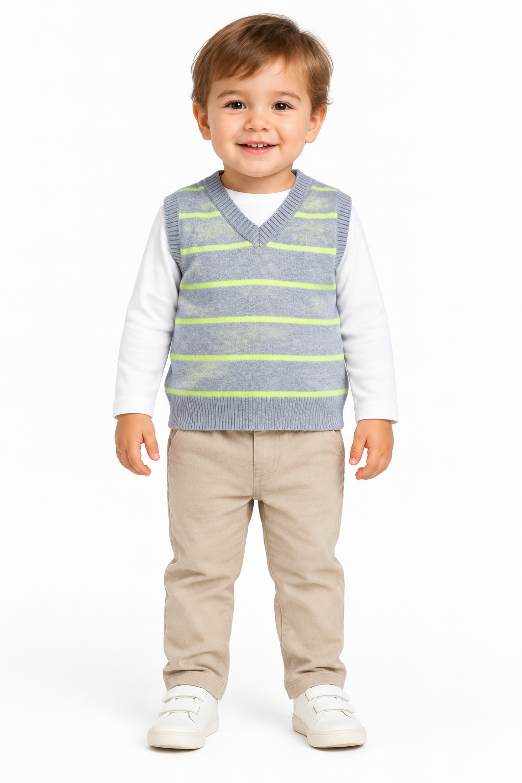 AI-assisted toddler model wearing the grey and lime-striped jumper