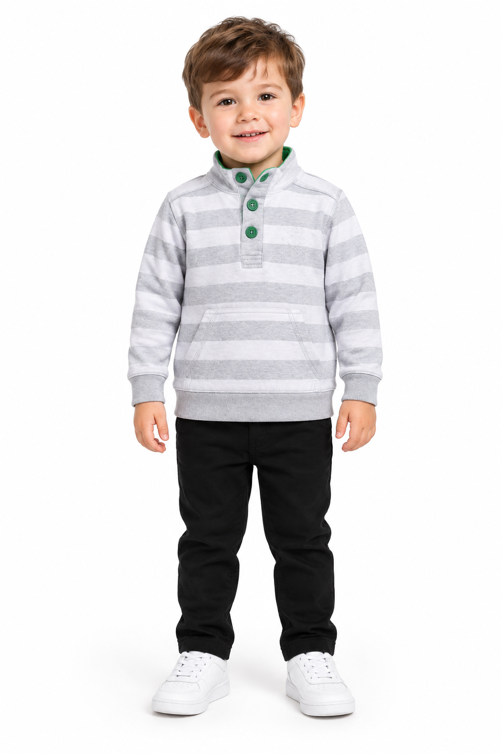 AI-assisted toddler model wearing the grey striped jumper with black trousers and white trainers