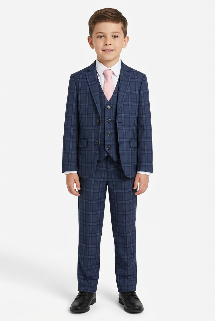 AI child model wearing the navy three-piece suit with a pink tie