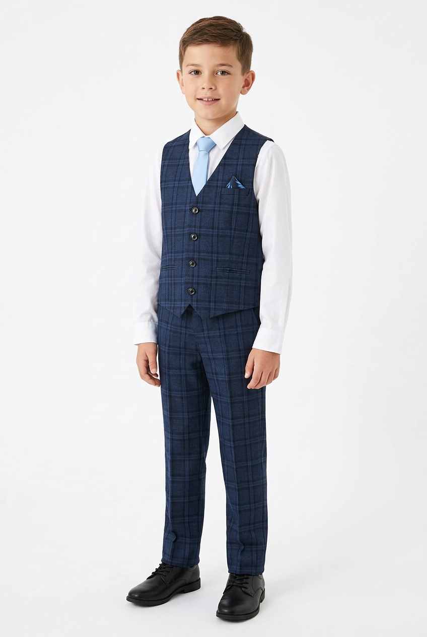 AI child model wearing the Next navy check four-piece outfit