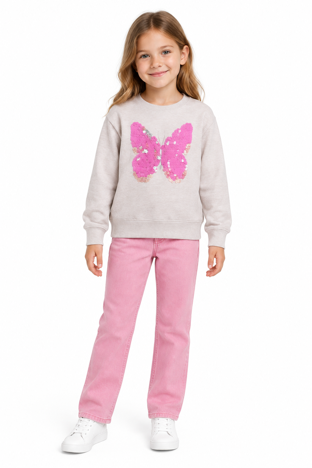 AI-generated model wearing the butterfly jumper with pink jeans