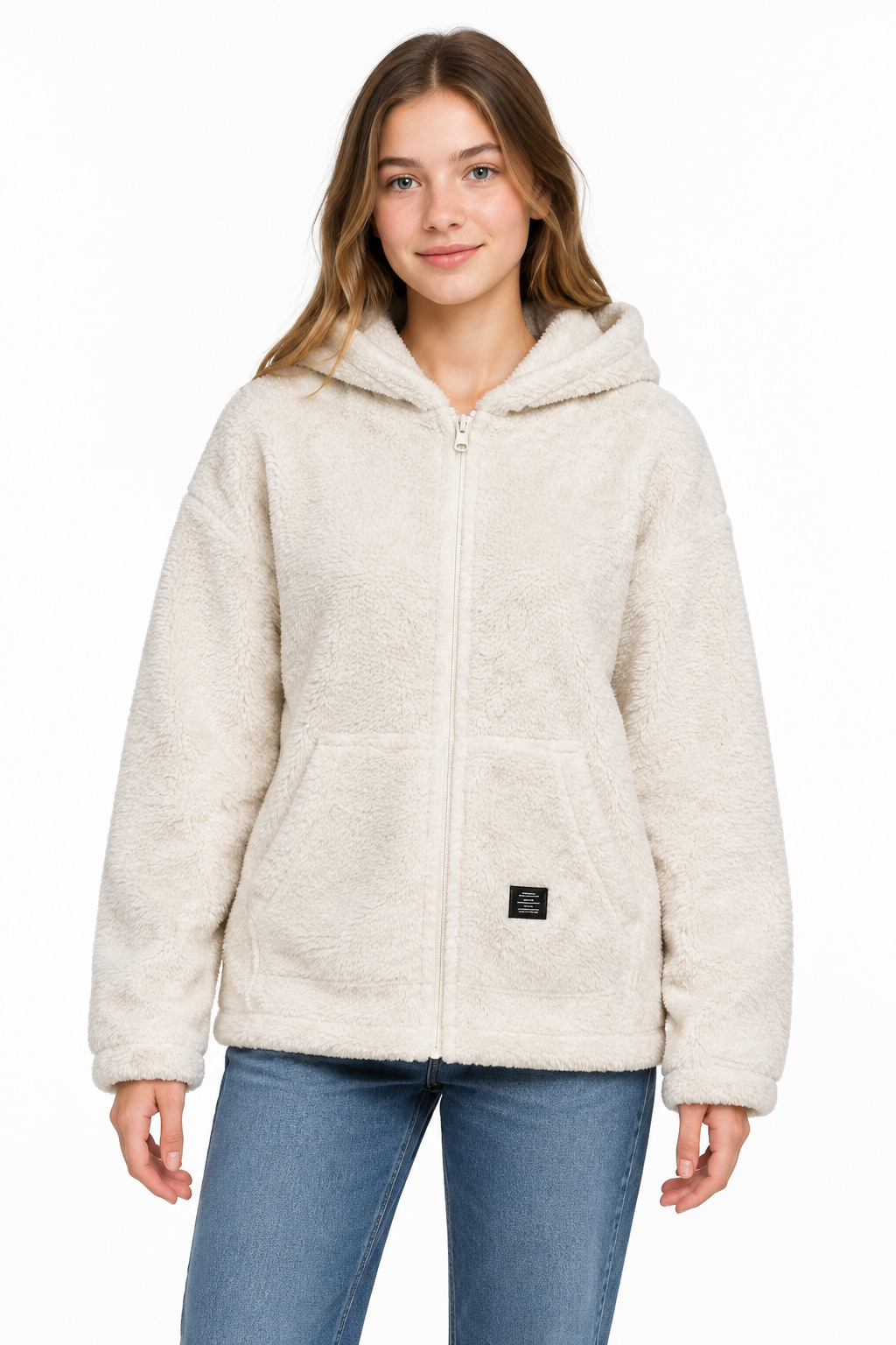 AI-generated model wearing the cream fleece hoodie