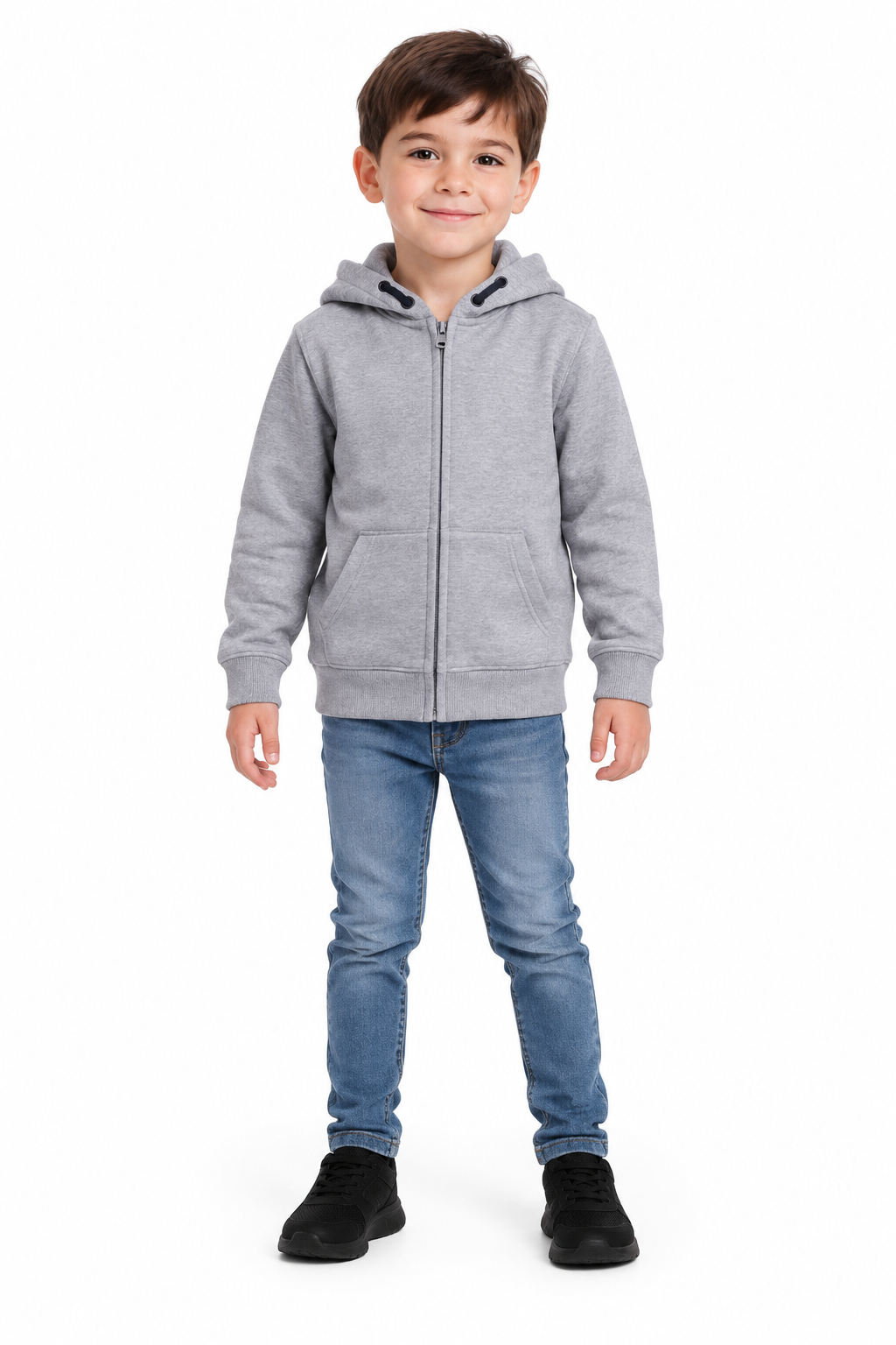 AI-generated model wearing the grey TU hoodie