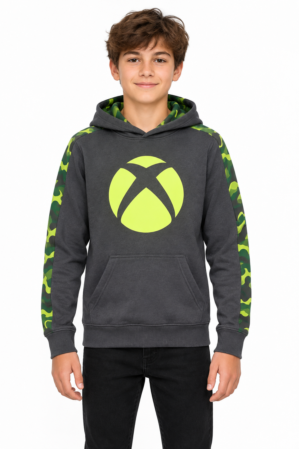 AI-generated model wearing the grey Xbox hoodie