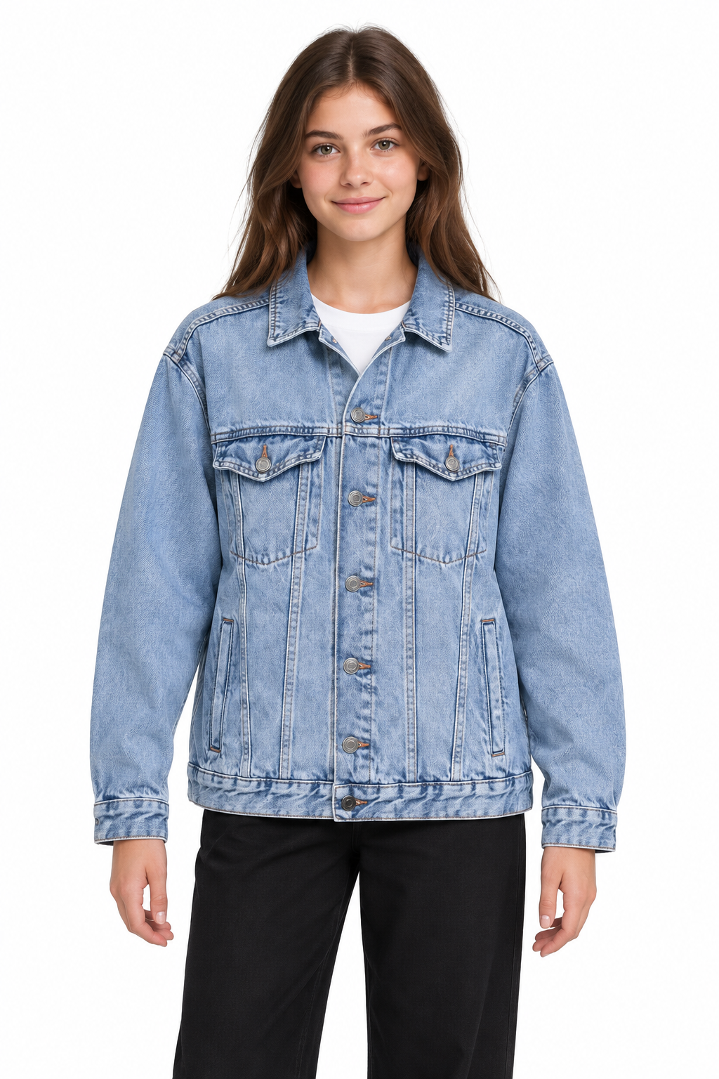 AI-generated model wearing the H&M denim jacket